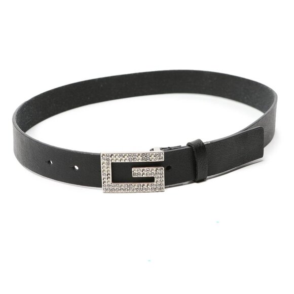 Guess Leather Belt Crystal Rhinestone Buckle Black Silver Bling Logo - Picture 2 of 11